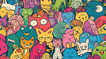 Naklejka premium colorful Hand Drawn cute animals Doodles Background