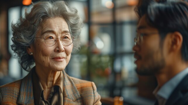 sophisticated, diverse business partners, elderly asian woman shares strategy with young hispanic businessman in stylish office with natural light, showcasing senior business expertise