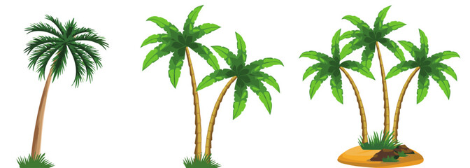 Large Tropics Set Beautiful  Coconut Palm Trees Shapes On White Background.