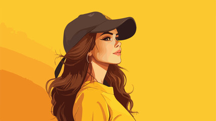 Stylish young woman in cap on yellow background 2d