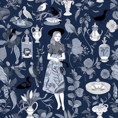 In the centre is a young woman dressed smartly. Delicate plants and porcelain vases and birds fill the space. The deep blue background and muted tones create a calm, dreamy atmosphere.