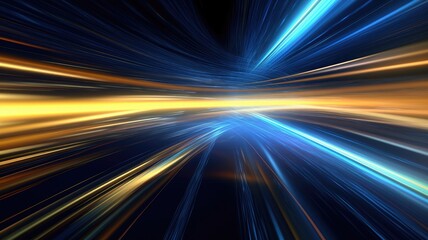 Abstract digital background with streaks of blue and golden light converging in the center. Digital artwork of gold and blue neon speed line with black background. Energetic speed movement. AIG35.