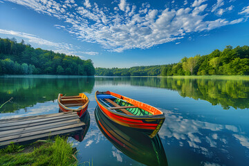 Serene Morning at Wl Lake: An Ideal Fishing Getaway Surrounded by Lush Greenery and Crystal Blue Waters