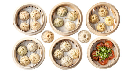 A high-resolution ultra HD image of soup dumplings, har gow, and char siu bao, beautifully, transparent background