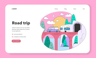 Road trip web banner or landing page. Young people or family