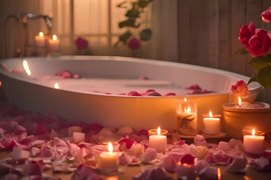 Romantic bathtub filled with water and rose petals, surrounded by lit candles.