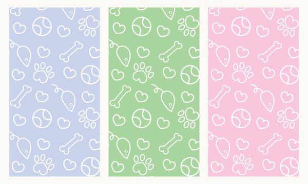 Set of cute seamless patterns of pets. Simple outline drawing. Images of a bone, ball, mouse, paw, heart. For textiles, prints, promotional materials. For veterinary clinics, shelters, pet stores.