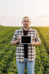 Male farmer shows digital tablet with empty black screen on green soybeans field. Smart farming technology and organic agriculture concept. Quality control growth and development soya plants