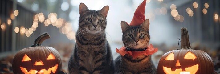 Naklejka premium Two adorable cats dressed in Halloween costumes sit beside carved pumpkins, creating a festive atmosphere