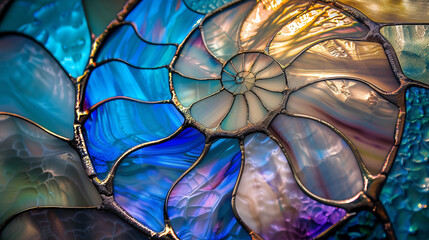 Stained glass surfaces in cool nautilus shell hues stained