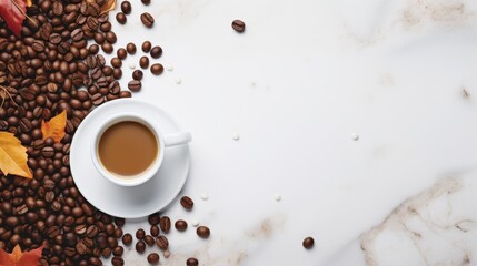  A coffee cup is placed on a background with a copy space image featuring coffee beans 