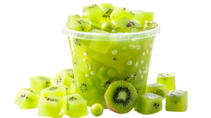  A kiwi-flavored bubble tea with vibrant kiwi cubes, green jellies, and tapioca pearls in a clear cup,, transparent background