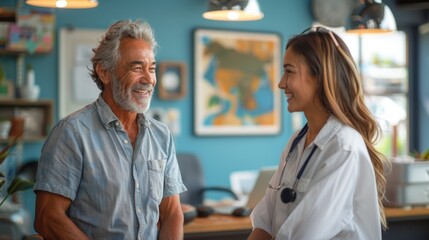 Fototapeta premium an elderly hispanic man chatting with a compassionate indian female therapist in a serene office with a soothing blue wall, tidy desk, promoting mental wellness