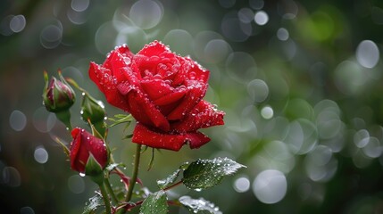 A red rose adorned with budding flowers and glistening water droplets