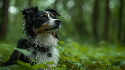 Border Collie Waiting in the Grass Dog in the Forest, Nature Landscape Puppy Portrait, Canine Health Exercise Art Veterinarian Backdrop Concept, Pet Marketing Background, Animal Advertising Wallpaper