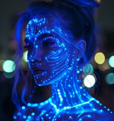 Portrait of Woman with Glowing Blue Circuitry in Futuristic Setting at Night