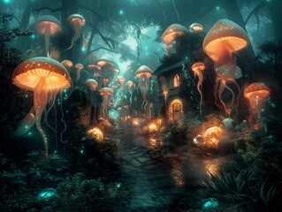 Surreal Bioluminescent Jellyfish Village at Night in Enchanted Forest