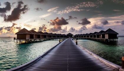 amazing beach panoramic landscape beautiful maldives sunset seascape view horizon colorful sea sky clouds over water villa pier pathway tranquil island lagoon vacation travel panorama background