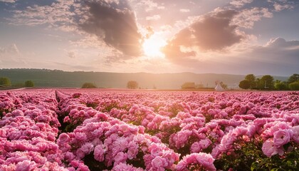 a field full of pink flowers with the sun shining through the clouds in the middle of the picture and the sun shining through the clouds in the middle of the middle of the picture - Powered by Adobe