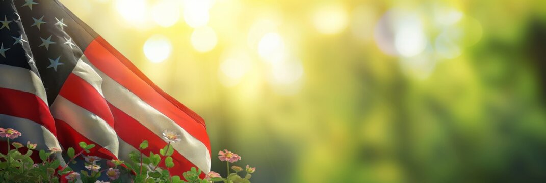 The American flag drapes across flowers with a glowing, bokeh background symbolic of patriotism