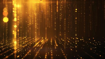 Golden light lines background with glowing dots on a black backdrop, in the style of a golden light and shiny stage background for a luxury presentation design Generative AI