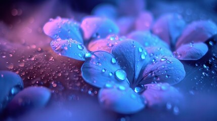   A blue flower with drops of water on the pink and blue petals