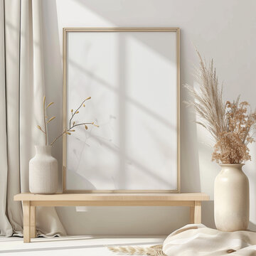 Light wood tan minimal THIN portrait frame that is 11x17 in size, with a blank picture on white EMPTY background 