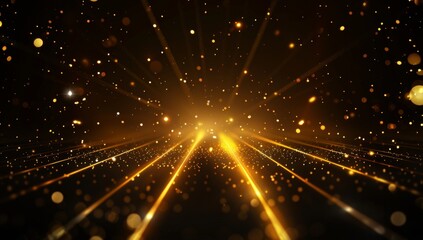 Golden light lines background with glowing dots on a black backdrop, in the style of a golden light and shiny stage background for a luxury presentation design Generative AI
