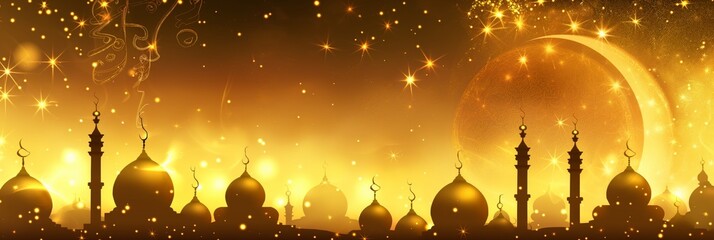 An artistically rendered Ramadan scene with silhouetted mosques and a crescent moon amidst a starlit sky