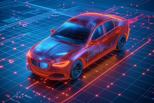 Holographic car blueprint on digital grid