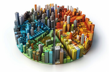 An Isolated on white background 3D pie chart divided into segments representing various elements of the real estate market, each segment featuring distinct property types
