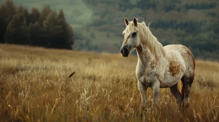 Grey and white horse standing in the field