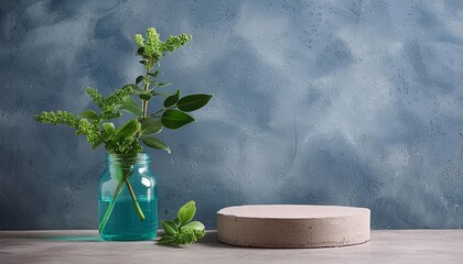 a podium stage background with a textured blue concrete wall a green glass vase featuring plants and a neutral sustainable brand product showcase template perfect for product mockups with space for
