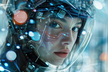 A woman in a futuristic helmet with a blue eye