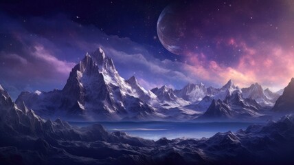 Beautiful mountain range under a star-filled night sky. Digital artwork of cosmic landscape surrounded with starry night. Adventure and exploration concept for wallpaper and design concept. AIG35.