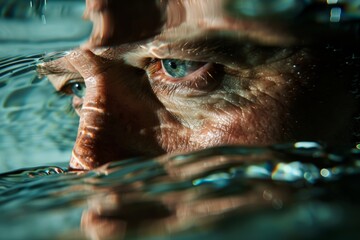 Close-up image of a person's face partially submerged in water, with water ripples distorting the view