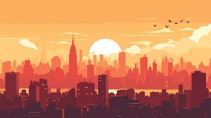 Sunset in the city. Cityscape silhouette sunrise ve