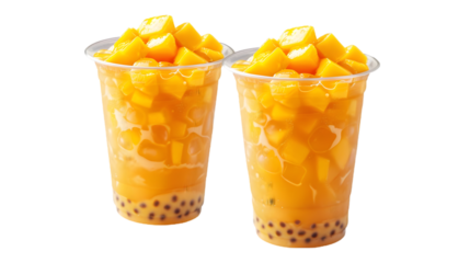  A mango-flavored bubble tea with bright mango cubes and tapioca pearls in an ultra-clear cup, perfectly, transparent background