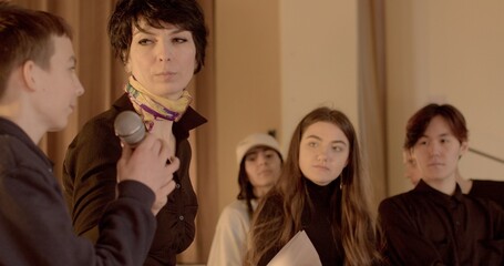 7th grader confidently expresses opinion. Talking boy showcasing his budding eloquence and critical...