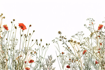 Red poppies and other wildflowers against a white background
