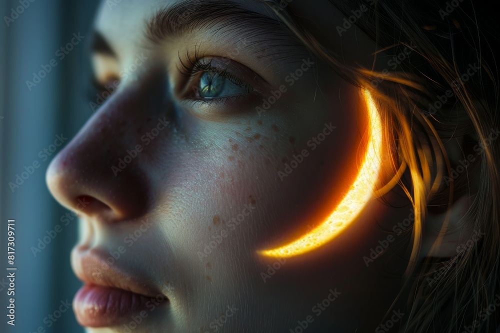 Aufkleber Softly illuminated image with a gradient background and a detail of hair on the edge contributing to the abstract aesthetic