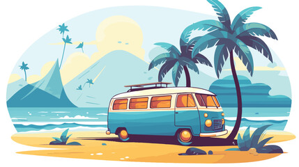 Surfer travel bus with surfboard on tropical beach