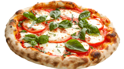  A margherita pizza featuring a perfect blend of mozzarella, fresh basil, and a vibrant red tomato base, transparent background