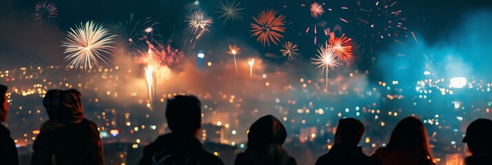 A breathtaking night scene of people watching a vibrant fireworks display illuminating the sky - Powered by Adobe