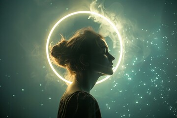 A side profile of a person with an illuminated halo and smoke against a starry background