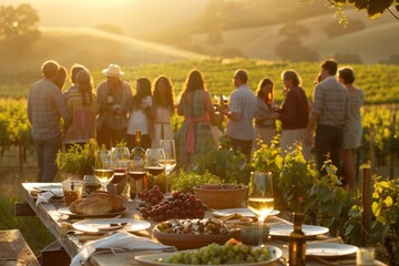 A group of people are gathered around a table with wine glasses