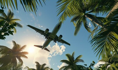 A passenger plane flying above a palm trees