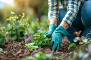 Close-up of hands wearing green gloves planting a small plant in rich soil, with sunlight beaming down