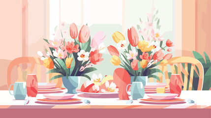 Table setting with Easter eggs rabbit and floral de