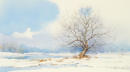 Solitary Sentinel: A Winter Landscape with a Lone Tree in Snow